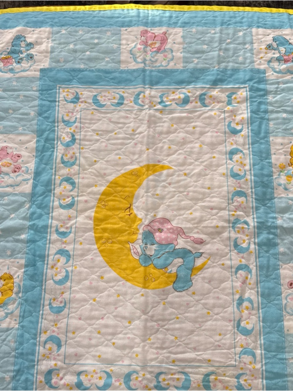 Vintage Care Bears Baby Crib Quilt Handmade 42x33 Nursery Blanket Moon Stars